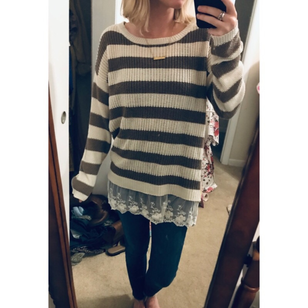 Knitted Brown and Cream Sweater with Lace Trim